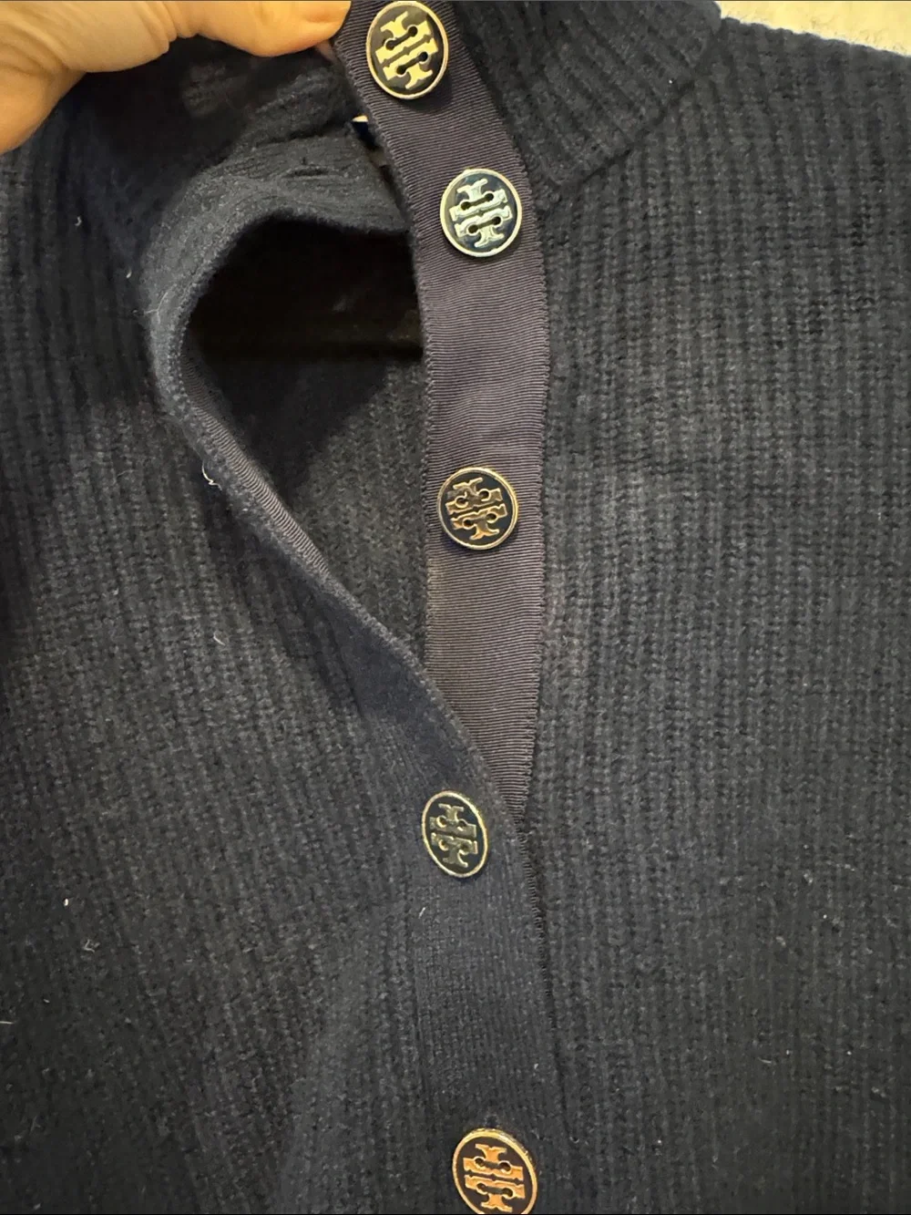 Tory Burch Navy Ribbed Button-Up Women's cashmere Sweater - Picture 6 of 8